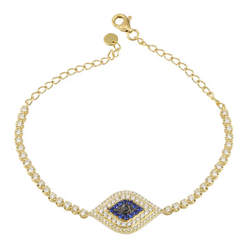 14k Yellow Gold Evil Eye & Crown Prong Diamond Tennis Chain Bracelet