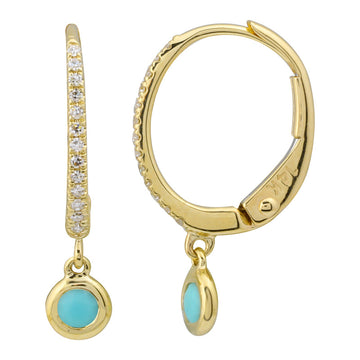 14k Yellow Gold Turquoise Bezel Diamond Huggie Earrings