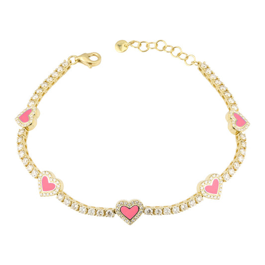 14k Yellow Gold Fuchsia Enamel Heart & Classic Diamond Tennis Bracelet