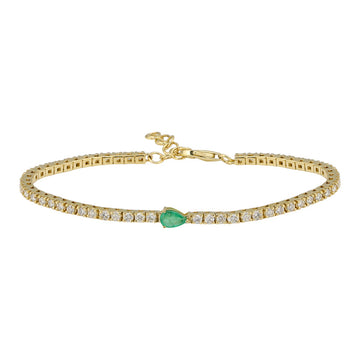 14k Yellow Gold Pear Shape Emerald & Classic Diamond Tennis Bracelet