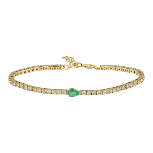 14k Yellow Gold Pear Shape Emerald & Classic Diamond Tennis Bracelet