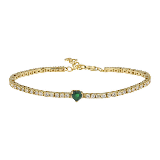 14k Yellow Gold Heart Shape Emerald & Classic Diamond Tennis Bracelet