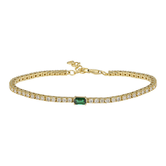 14k Yellow Gold Emerald Shape Emerald & Classic Diamond Tennis Bracelet