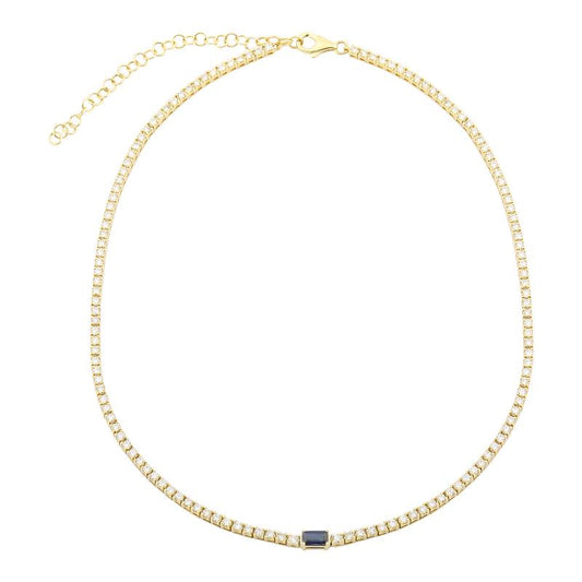 14k Yellow Gold Sapphire & Classic Diamond Tennis Necklace