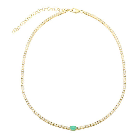 14k Yellow Gold Oval Emerald & Classic Diamond Tennis Necklace