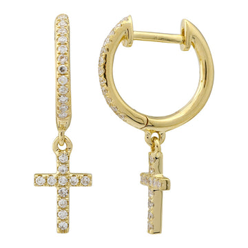 14k Yellow Gold Dangling Cross Huggie Earrings