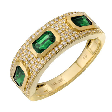 14k Yellow Gold Emerald Bezel Pave Diamond Ring