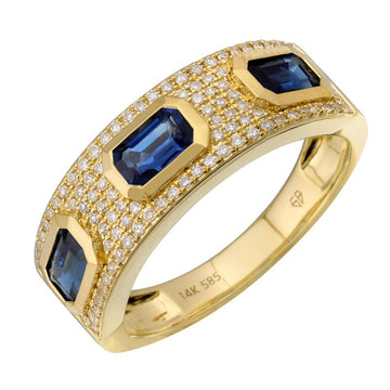 14k Yellow Gold Sapphire Bezel Pave Diamond Ring