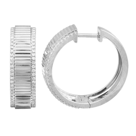 14k White Gold Diamond Border Wide Fluted Hoop Earrings 20mm