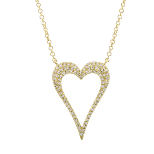 14k Yellow Gold Micropave Elongated Open Heart Diamond Necklace