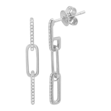 14k White Gold Paperclip Link Diamond Earrings