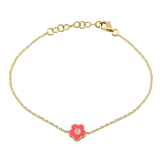 14k Yellow Gold Fuchsia Enamel Diamond Diamond Daisy Flower Bracelet