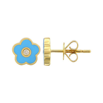 14k Yellow Gold Turqoise Daisy Diamond Stud Earrings