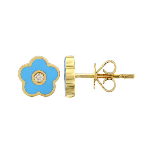 14k Yellow Gold Turqoise Daisy Diamond Stud Earrings