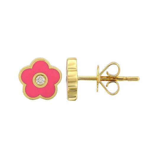 14k Yellow Gold Fuchsia Daisy Diamond Stud Earrings