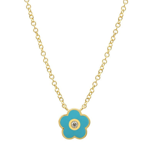 14k Yellow Gold Turqoise Daisy Flower Diamond Necklace