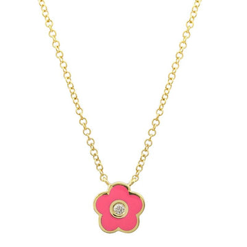 14k Yellow Gold Fuchsia Daisy Flower Diamond Necklace