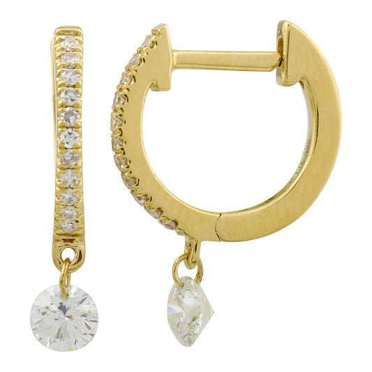 14k Yellow Gold Floating Round Diamond Huggie Earrings