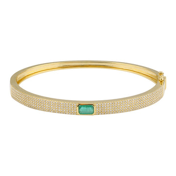 14k Yellow Gold Emerald Bezel Inlay Diamond Pave Bangle 1.35ctw