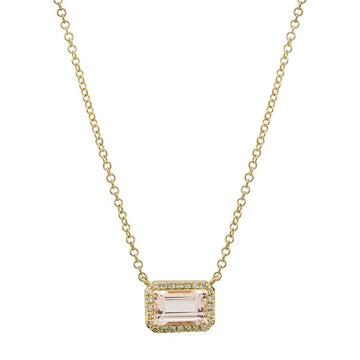 14k Yellow Gold Morganite Diamond Halo Necklace