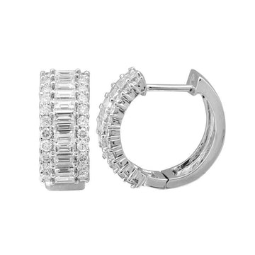 14k White Gold Diamond Border Baguette Huggie Earrings