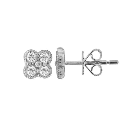 14k White Gold Diamond Clover Stud Earrings