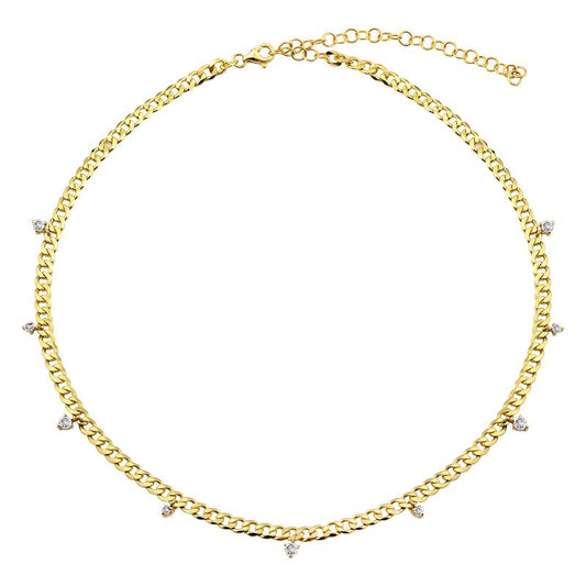 14k Yellow Gold Dangling Diamonds Cuban Link Chain Necklace