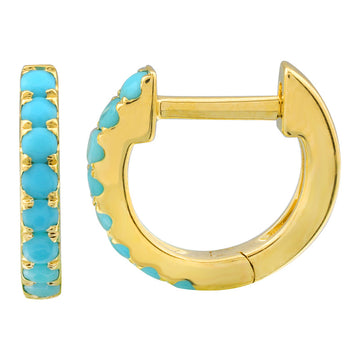 14k Yellow Gold Diamond Cut Turquoise Huggie Earrings