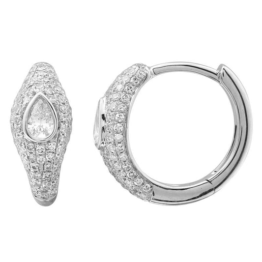 14k White Gold Pear Inlay Diamond Pave Huggie Earrings