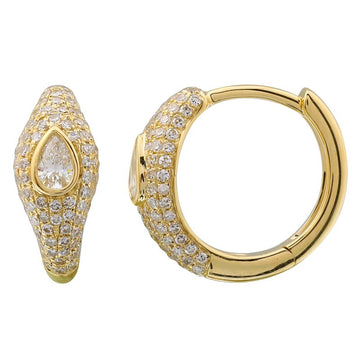 14k Yellow Gold Pear Inlay Diamond Pave Huggie Earrings