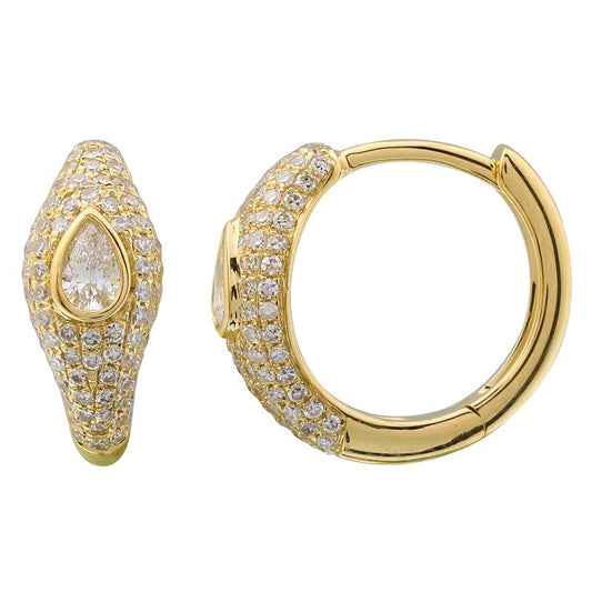 14k Yellow Gold Pear Inlay Diamond Pave Huggie Earrings