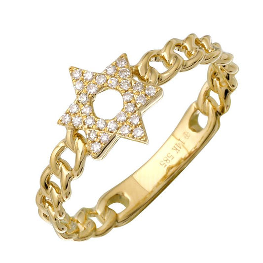 14k Yellow Gold Star of David Diamond Cuban Link Ring