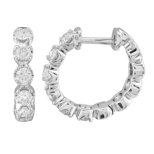 14k White Gold Crown Prong Eternity Diamond Huggie Earrings