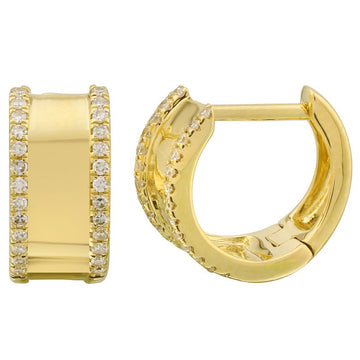 14k Yellow Gold Diamond Border Wide Huggie Earrings