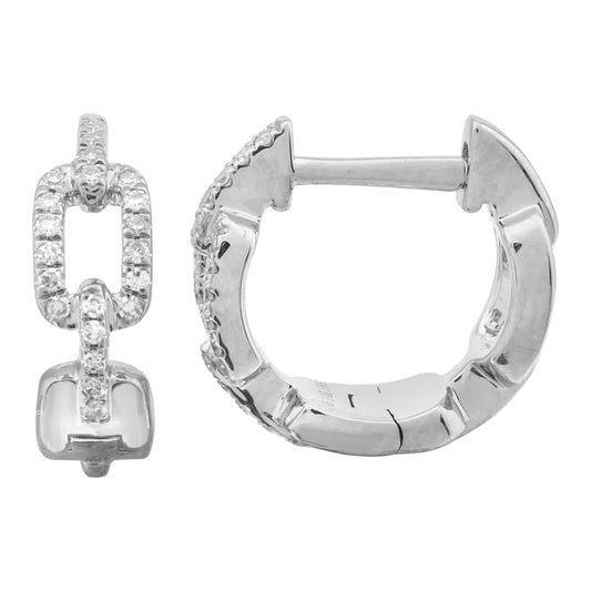 14k White Gold Rectangle Diamond Link Huggie Earrings