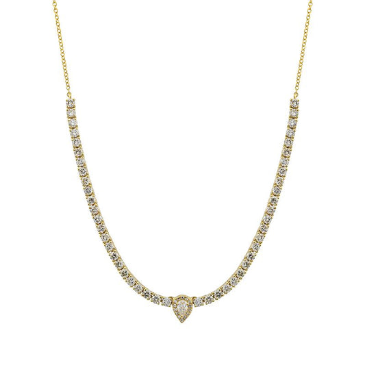 14k Yellow Gold Center Pear Classic 4 Prong Diamond Tennis Chain Necklace