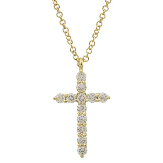 14k Yellow Gold Diamond Cross Necklace 16.5mm