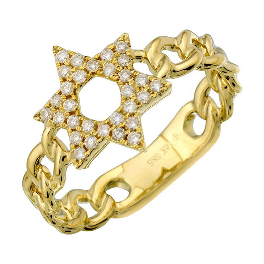 14k Yellow Gold Star of David Diamond Link Ring