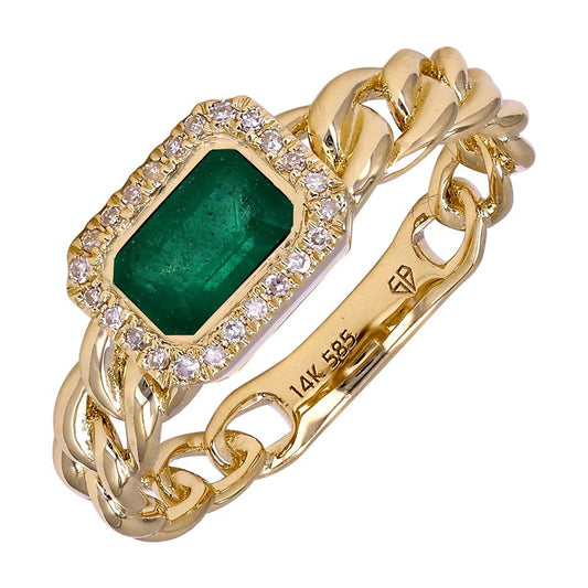 14k Yellow Gold Emerald Diamond Halo Cuban Link Ring