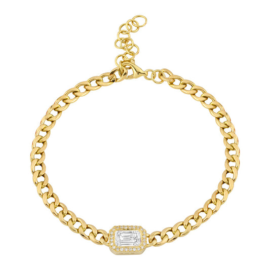 14k Yellow Gold White Topaz Diamond Halo Cuban Link Chain Bracelet