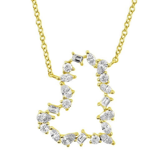 14k Yellow Gold Multi Shape Diamonds Slanted Open Heart Necklace