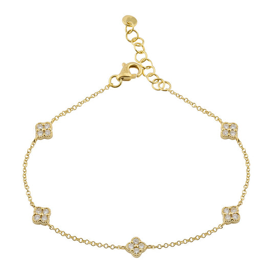 14k Yellow Gold Spaced Diamond Clover Bracelet