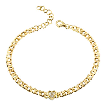 14k Yellow Gold Diamond Heart Cuban Link Bracelet