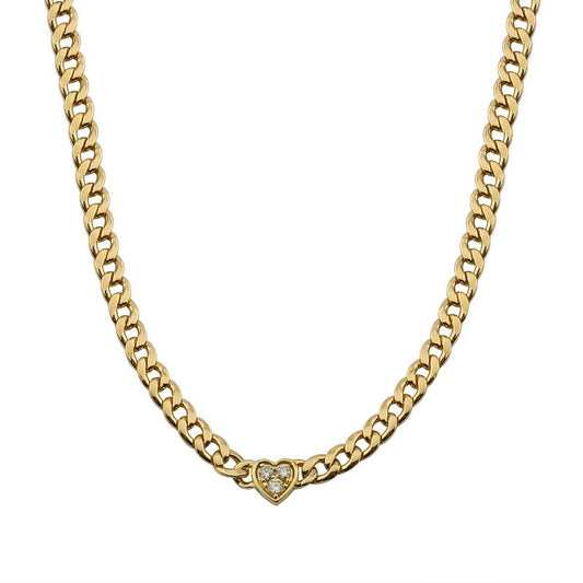 14k Yellow Gold Diamond Heart Cuban Link Chain Necklace