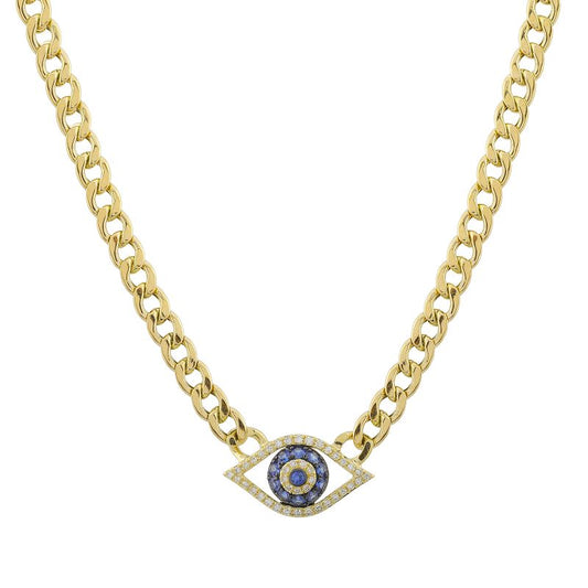 14k Yellow Gold Evil Eye Cuban Link Chain Necklace