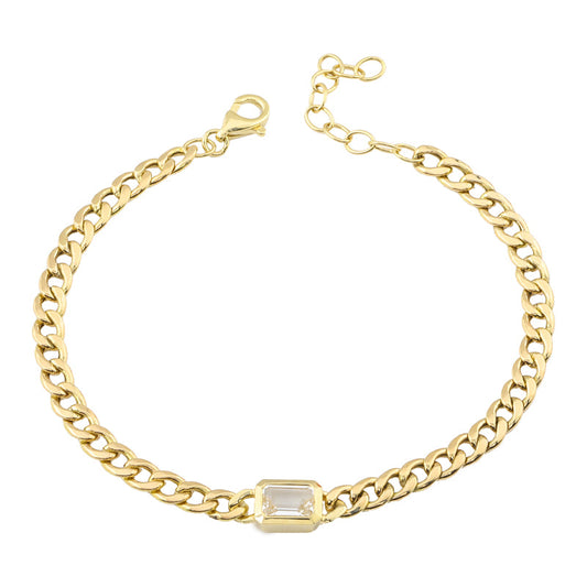 14k Yellow Gold Bezel Set White Topaz Cuban Link Chain Bracelet