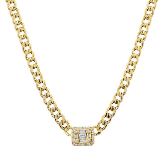 14k Yellow Gold Illusion Emerald Diamond Cuban Link Necklace