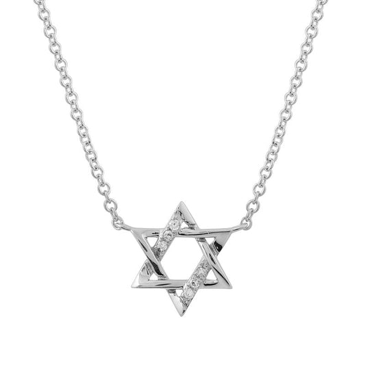 14k White Gold Alternating Diamond & Gold Star of David Necklace