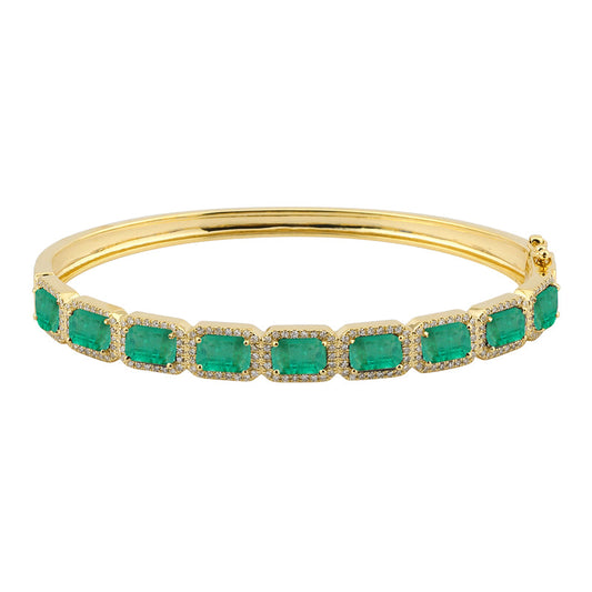 14k Yellow Gold Horizontal Emerald Diamond Bangle