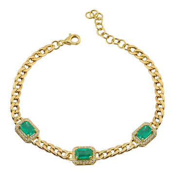 14k Yellow Gold Emerald Cuban Link Chain Diamond Bracelet